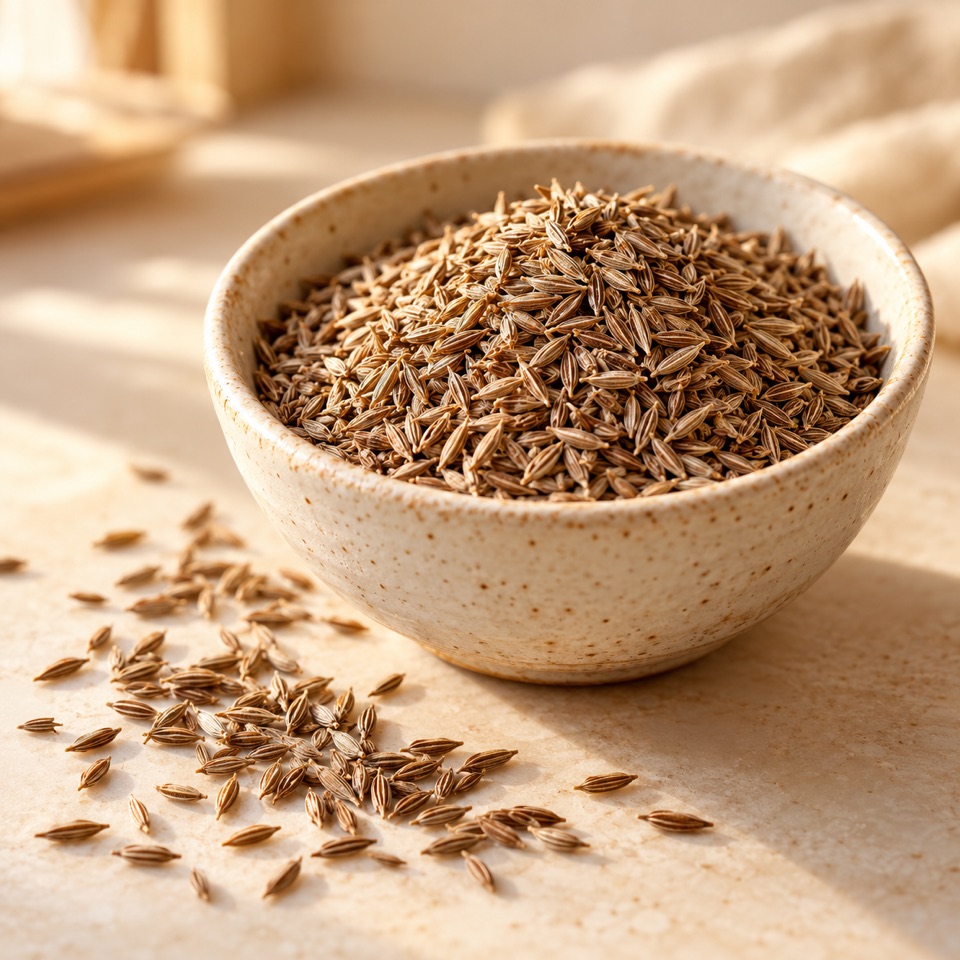 Brown cumin seeds in a ceramic bowl
