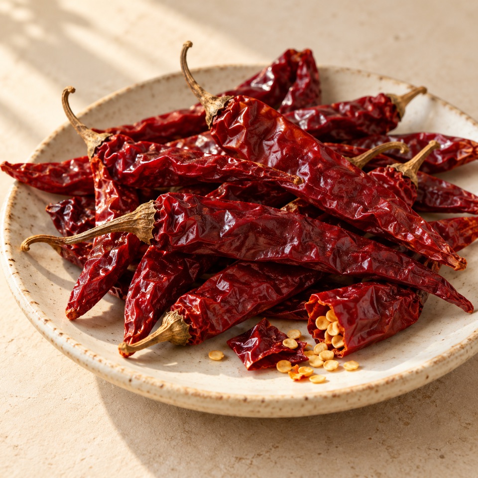 Whole dried red chillies on a ceramic plate