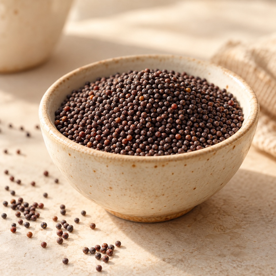 Black mustard seeds in a ceramic bowl
