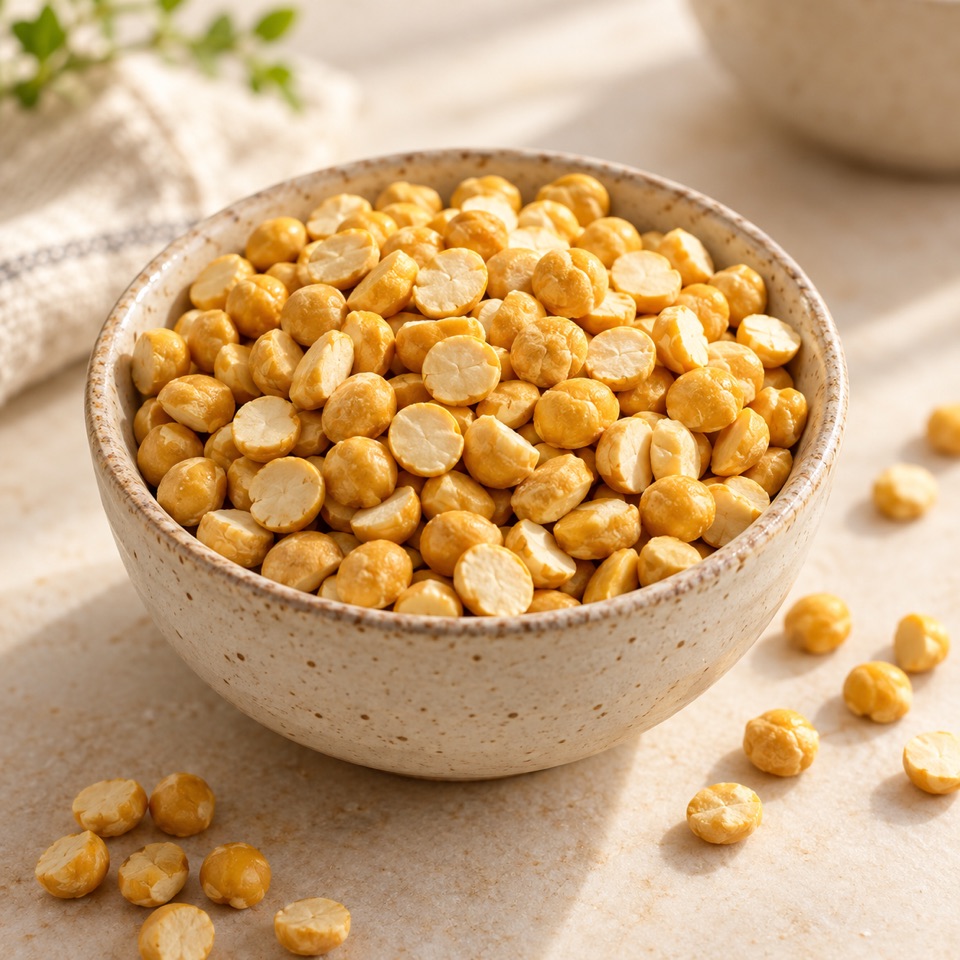 Golden roasted Bengal gram in a ceramic bowl