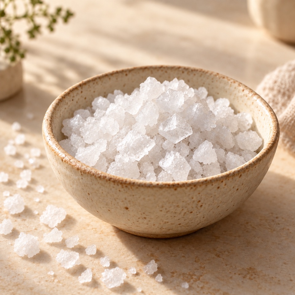Coarse irregular white salt crystals in a ceramic bowl