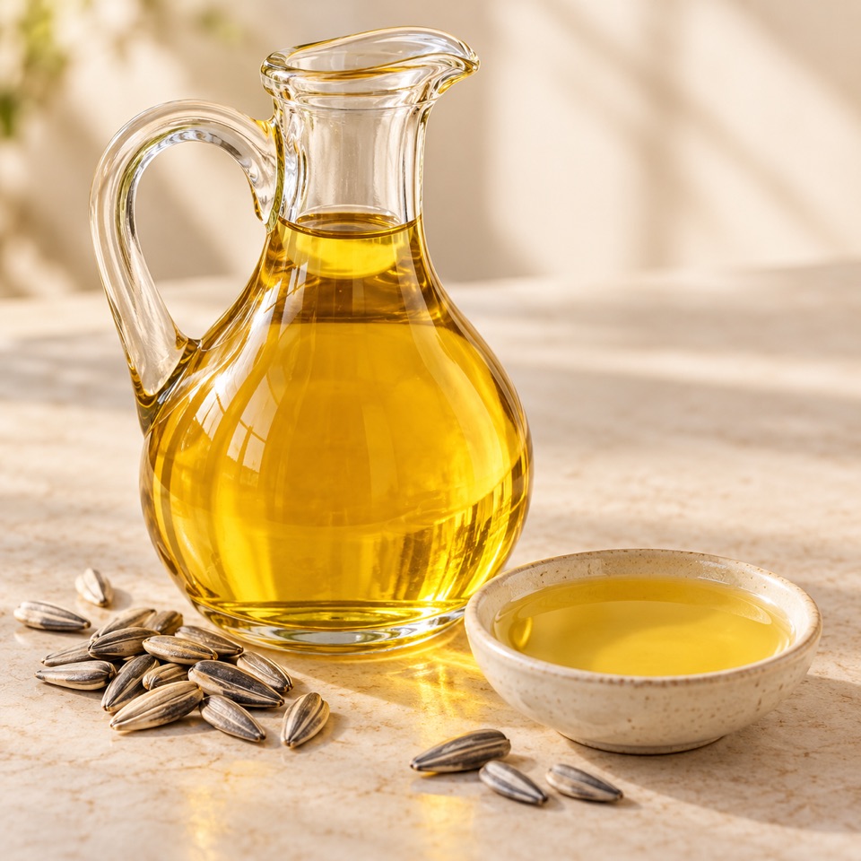 Golden sunflower oil in a glass cruet