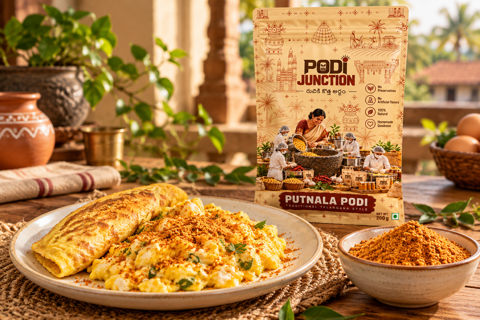 Omelette and scrambled eggs topped with Putnala Podi, with a bowl of podi and the package beside them.