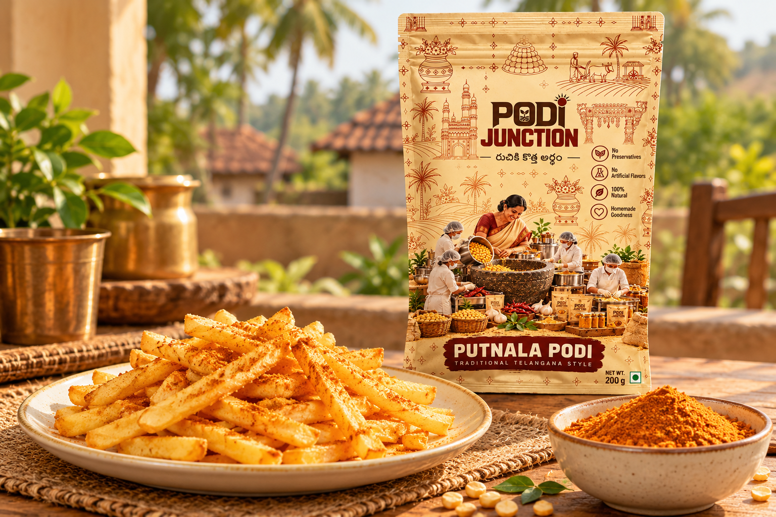 Putnala Podi sprinkled over fries, with extra dry podi in a small bowl and the Podi Junction pack in the background.