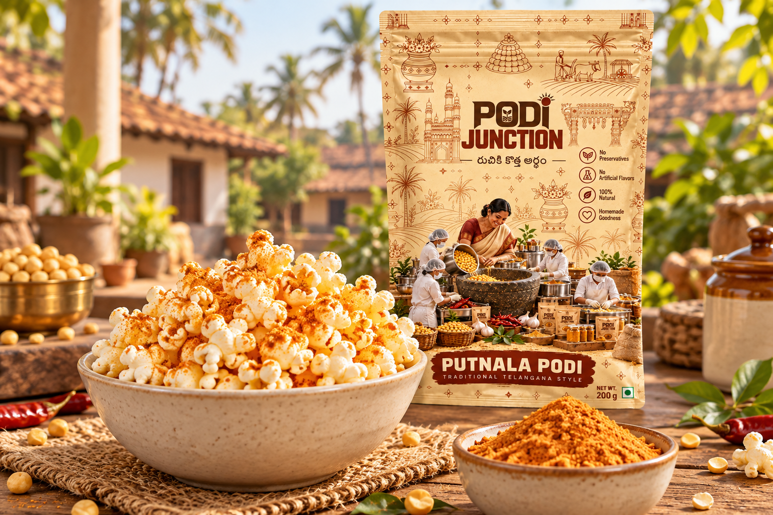 Putnala Podi tossed with popcorn, with extra dry podi in a small bowl and the Podi Junction pack in the background.