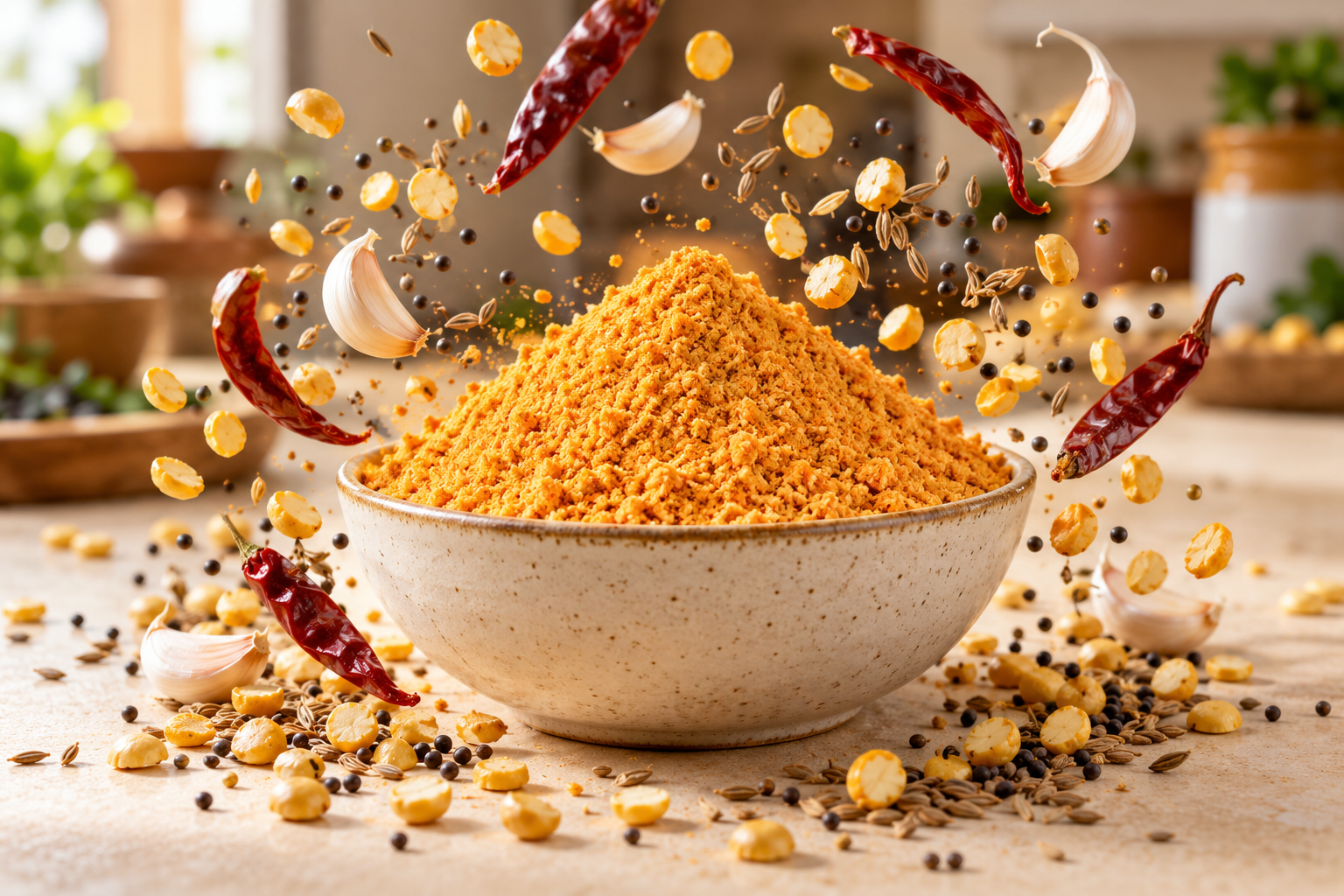 Light orange Putnala Podi in a bowl with roasted gram, garlic, dried chillies, cumin and mustard seeds floating around it